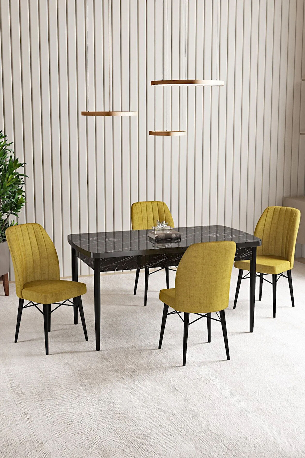 Vien Siyah Mermer Desen 80 X 132 Açılabilir MDF Mutfak Masası 4  Sandalye