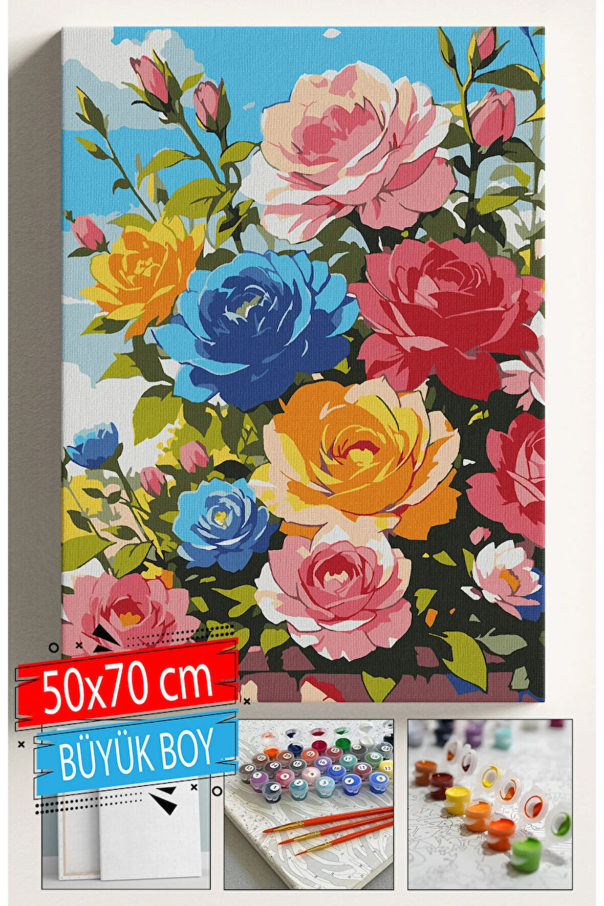 Sayılarla Boyama Seti Numaralı Tuval Fırça Boya Dahil Kasnaklı Set 50x70 Cm - GÜLLER