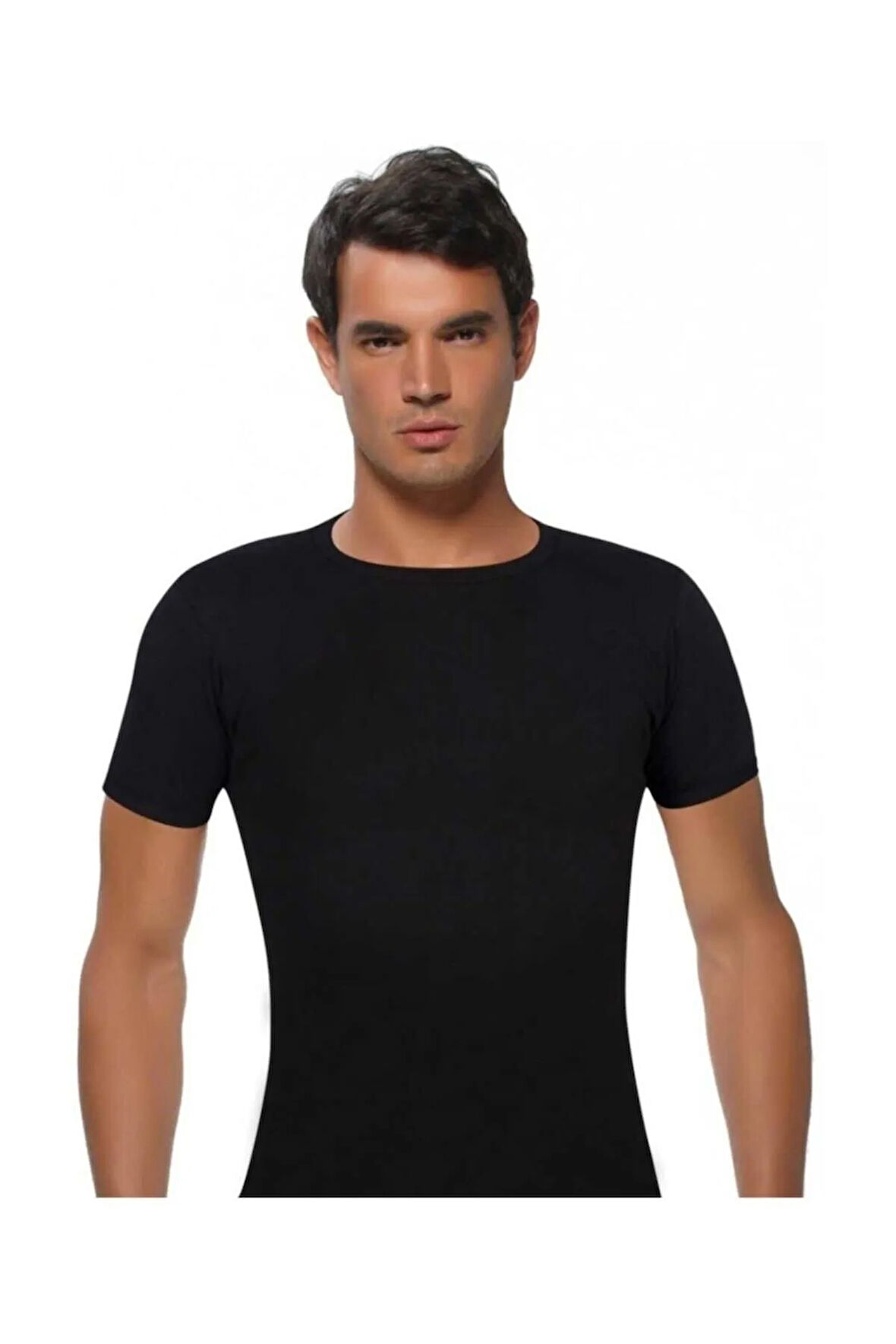 6 Adet Siyah Renk Bisiklet Yaka Kısa Kollu Fanila