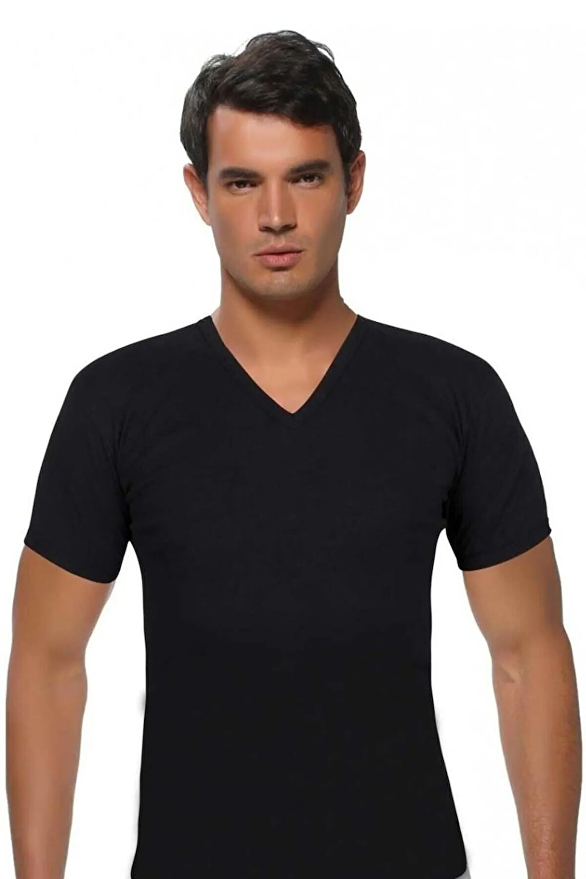 3 Adet Siyah Renk V Yaka Kısa Kollu Fanila