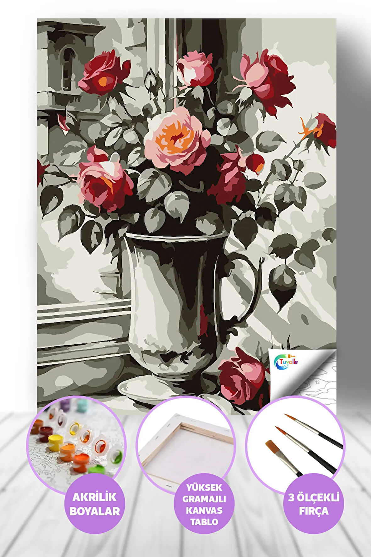 Gümüşteki Güller Sayılarla Boyama Seti, Hobi Seti, 40X50 Tablo, Fırça Boya, Numaralı Tuval