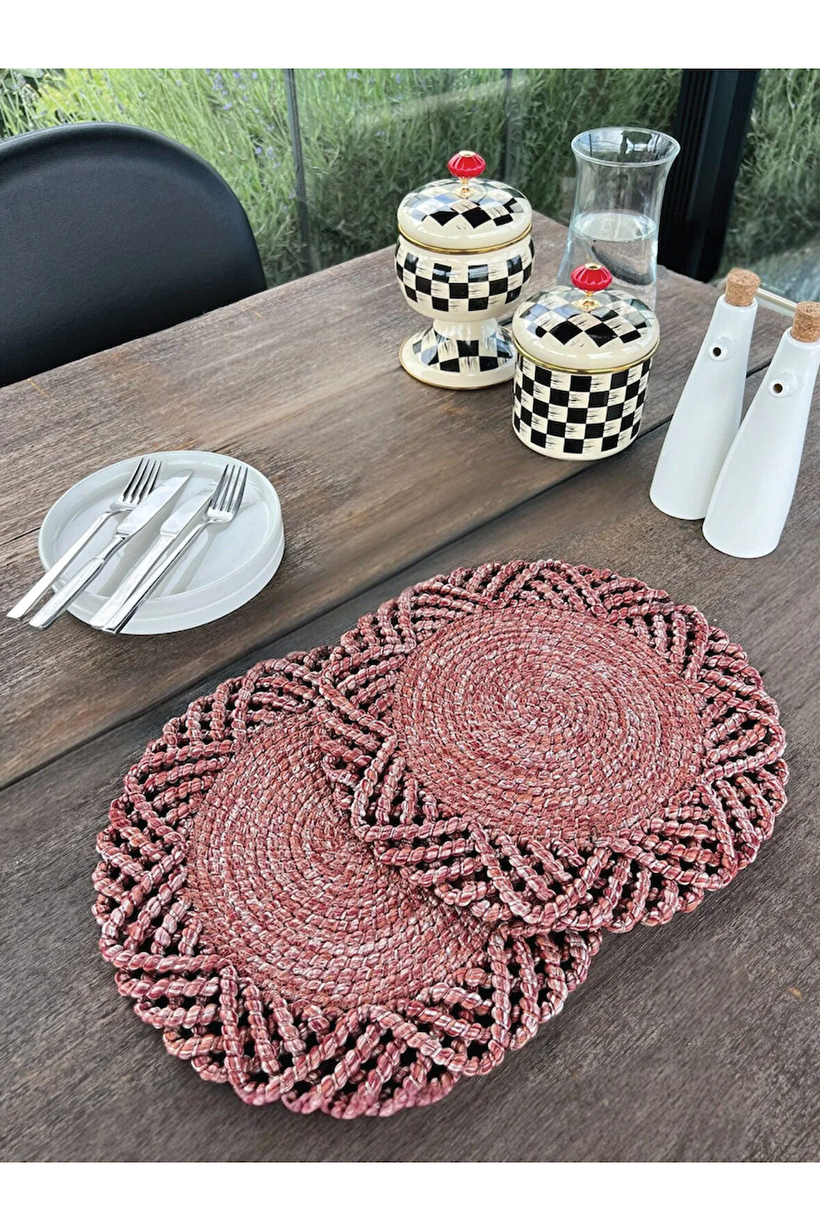 2'li Set Hasır Görünümlü Amerikan Servis-Leke Tutmaz Bordo 33 cm