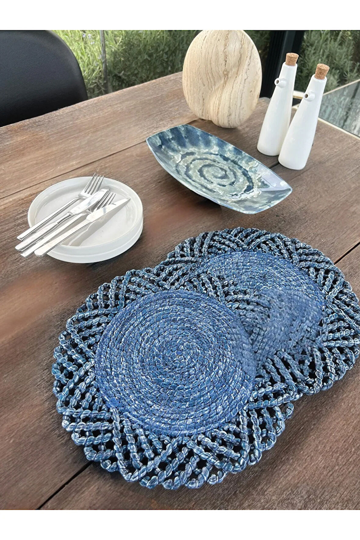 2'li Set Hasır Görünümlü Amerikan Servis-Leke Tutmaz Mavi 33 cm