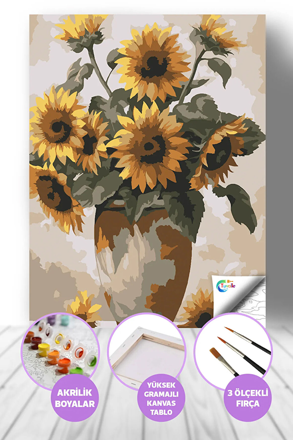 Güneşin Çiçekleri Sayılarla Boyama Seti, Hobi Seti, 40X50 Tablo, Fırça Boya, Numaralı Tuval