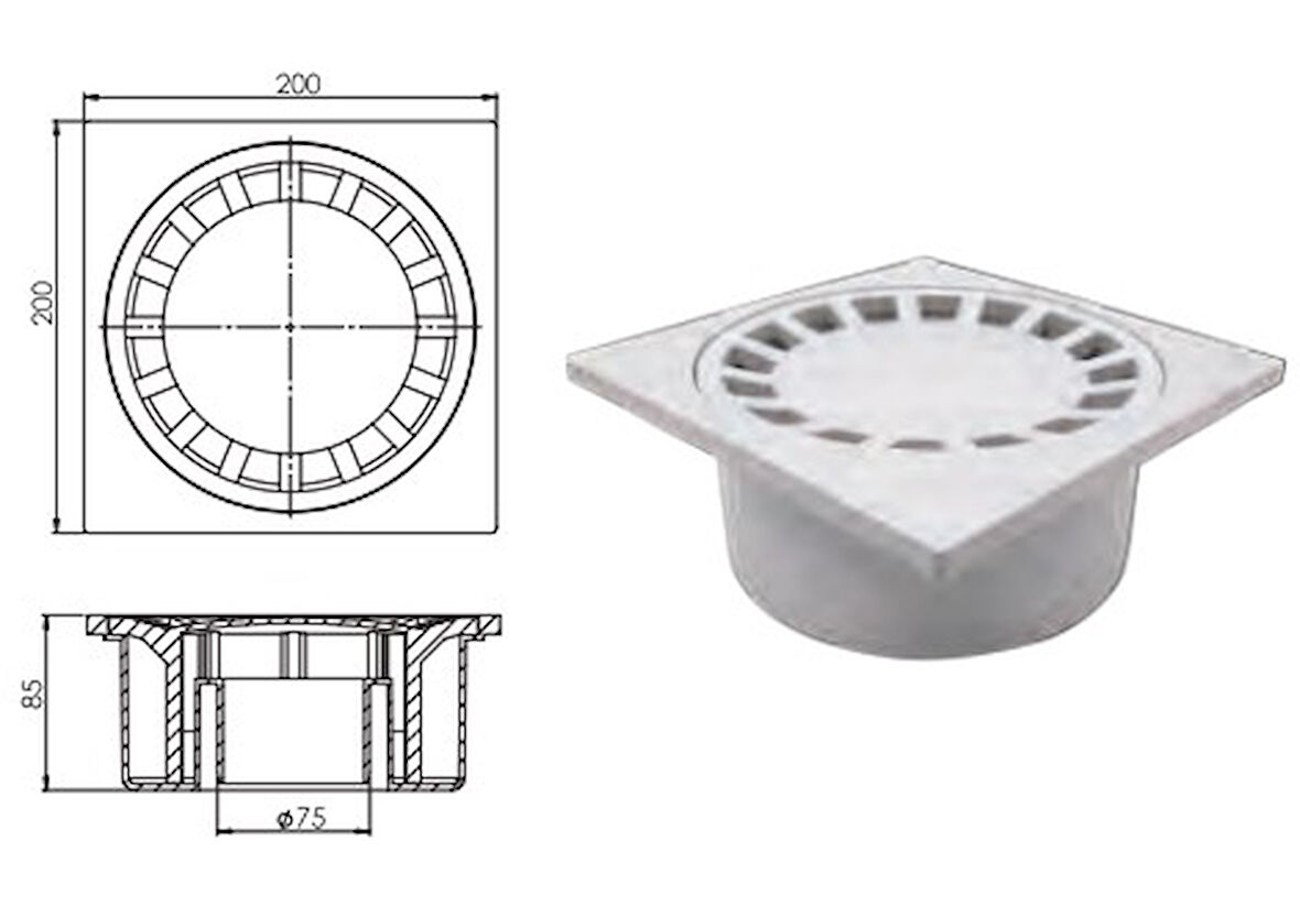 Büyük Çamur Yer Süzgeci 20x20 70 Lik Alttan Çıkışlı