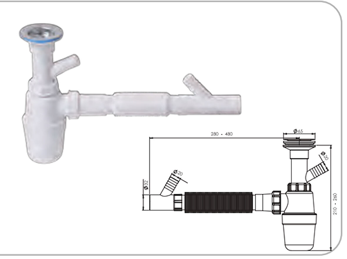 Güçlü Taslı Körüklü Çift Çatal iki Çamaşır Çıkışlı Lavabo Sifonu