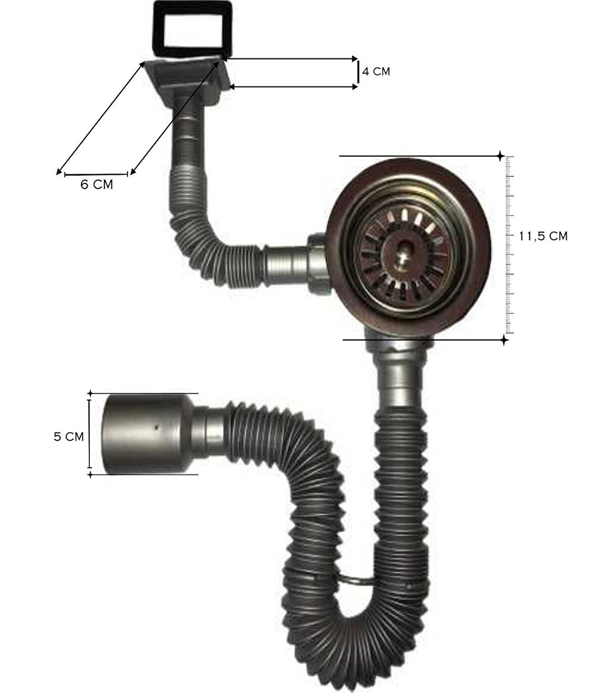 Geylani Donau Tekli Çöpmak Damlalıktan Taşmalı Körüklü Eviye Sifonu Taşmalı Sifon 11,5 Cm