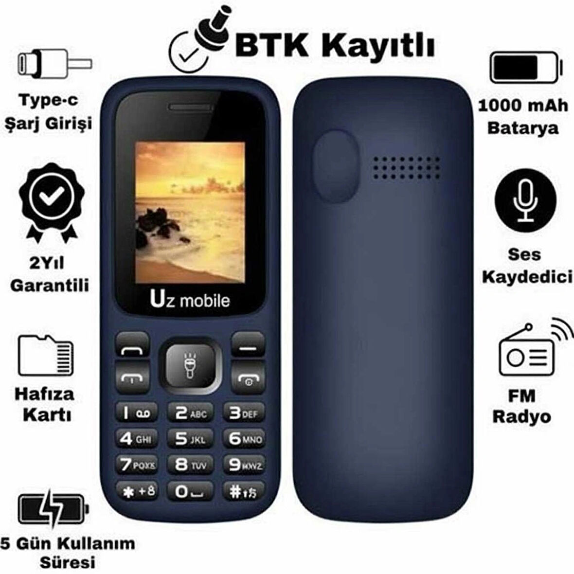 UZ MOBILE -SIM KARTLI, YERLI URETIM TUSLU TELEFON LACİVERT (Uz Türkiye Garantili)