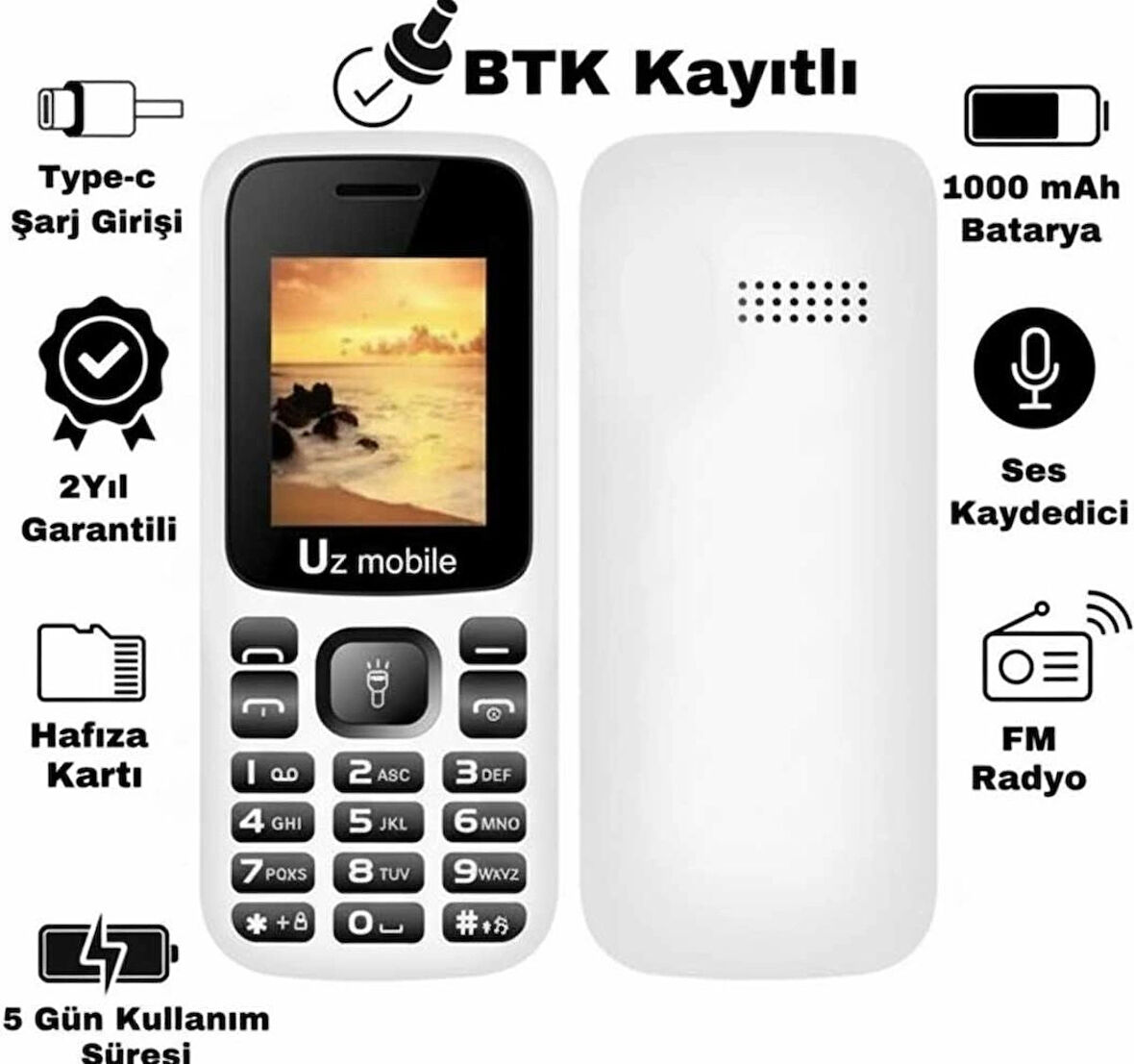 UZ Mobile Sim Kartlı Yerli Üretim Tuşlu Telefon – Uzun Şarj Ömrü, Net Ses Kalitesi, Türkiye Garantili Beyaz