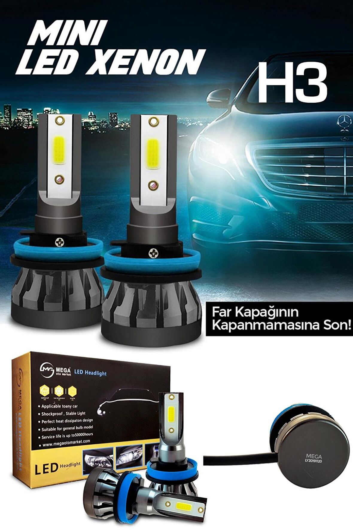 Slim Led Xenon Şimşek Etkili Mini Beyaz H3 Kapak Kapanma Garantili