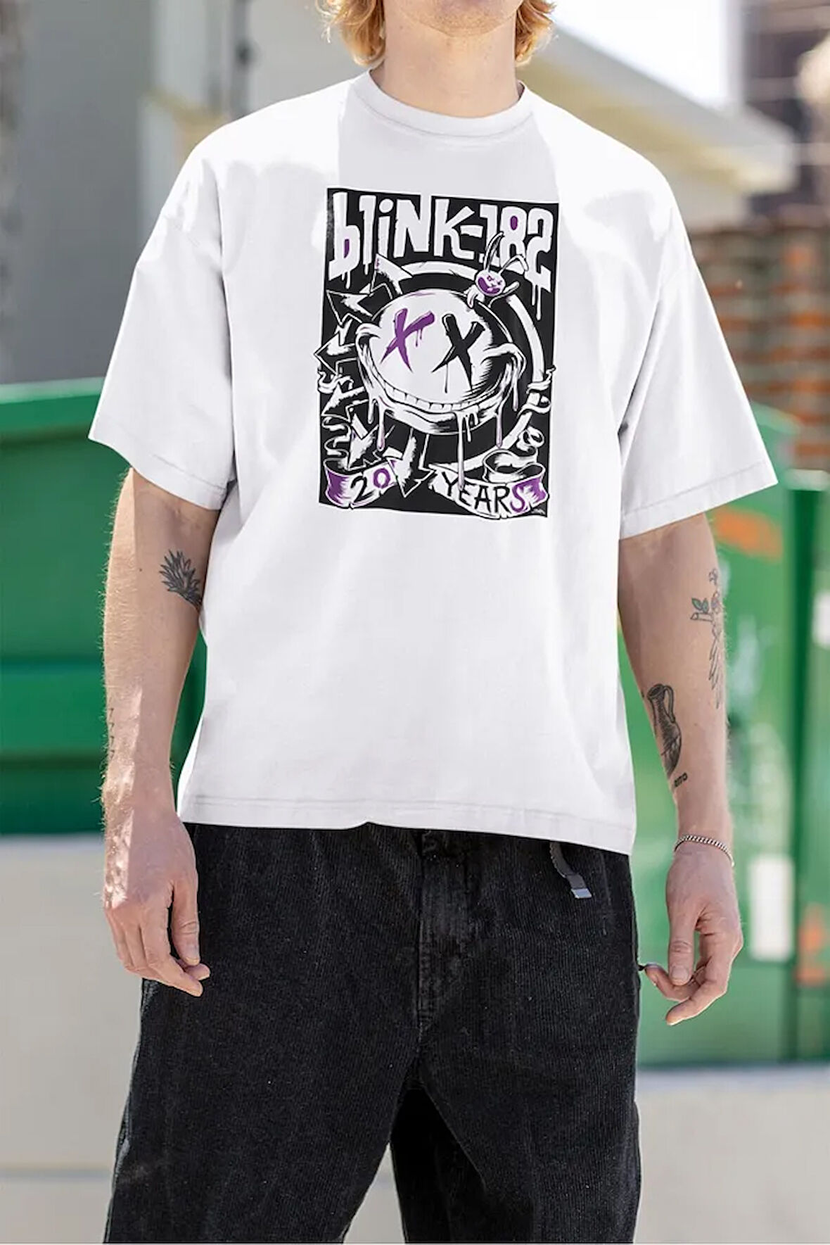 Blink-182 Baskılı Gülen Yüz Tasarımlı Unisex Oversize Tişört