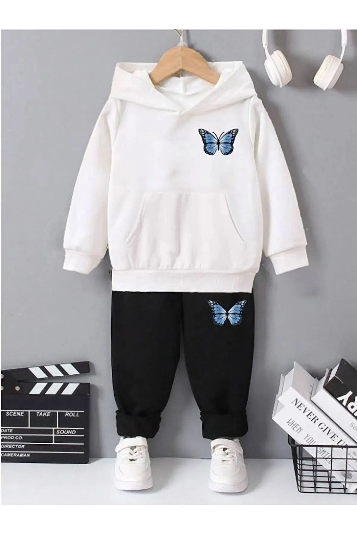 Üst Kapşonlu Beyaz Alt Siyah Baskılı Kız/erkek Oversize Sweatsihrt &