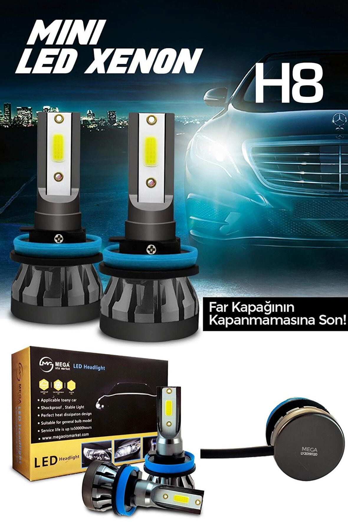 Slim Led Xenon Şimşek Etkili Mini Beyaz H8 Kapak Kapanma Garantili