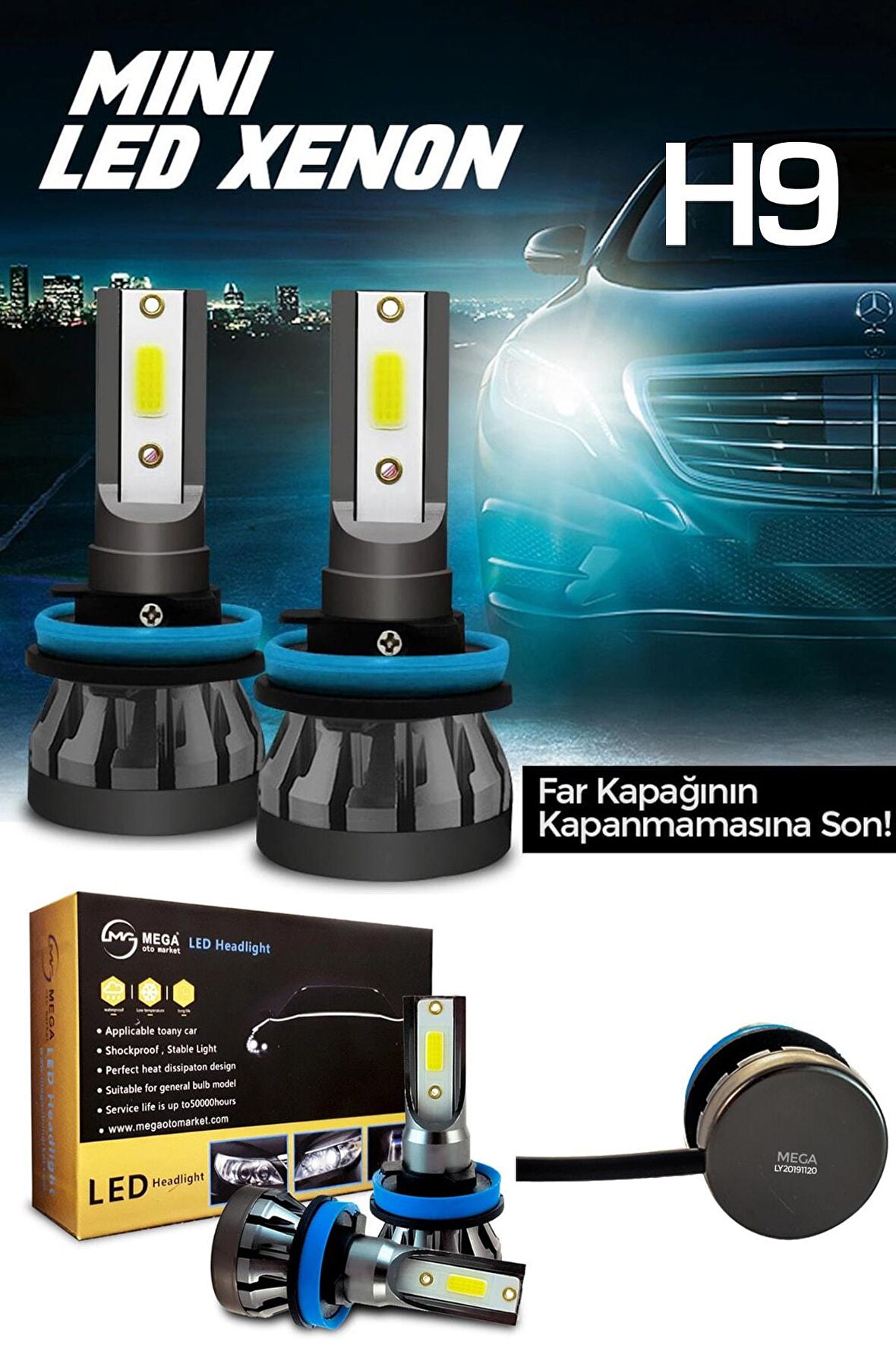 Slim Led Xenon Şimşek Etkili Mini Beyaz H9 Kapak Kapanma Garantili