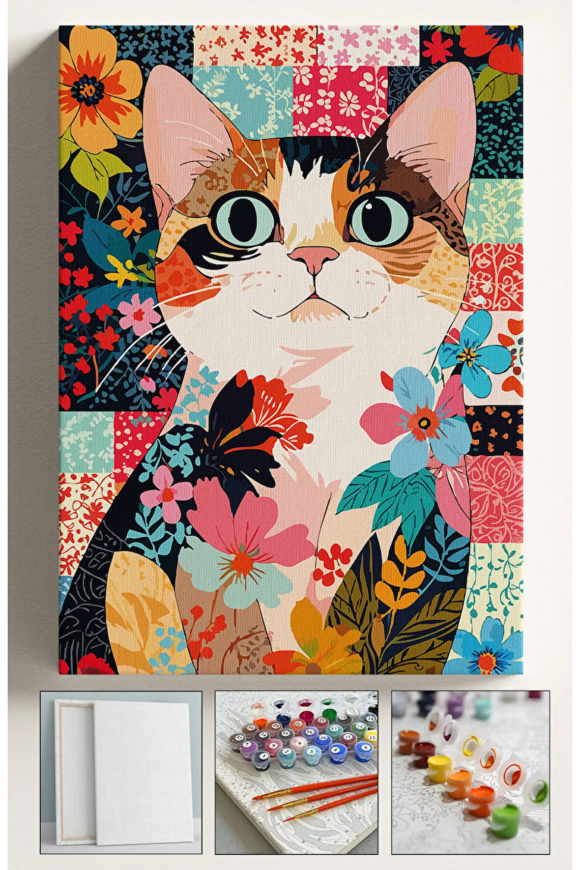 Sayılarla Boyama Seti Numaralı Tuval Fırça Boya 40x50 Cm - DESENLİ KEDİ