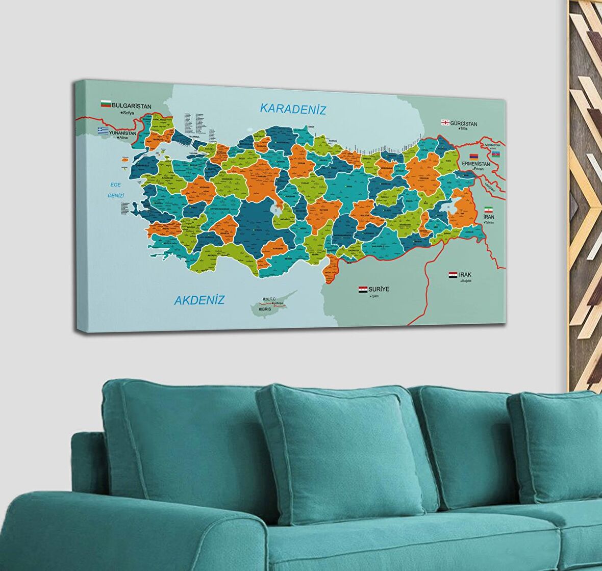 Türkiye Haritası Kanvas Tablo İl ve İlçeli Ayrıntılı Eğitici-Öğretici Komşulu Dekoratif Tablo 3015