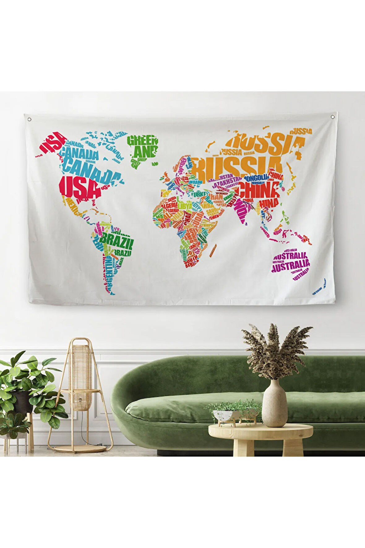 Renkli Ülke İsimli Dünya Haritası Kanvas Duvar Örtüsü-Halısı 1011
