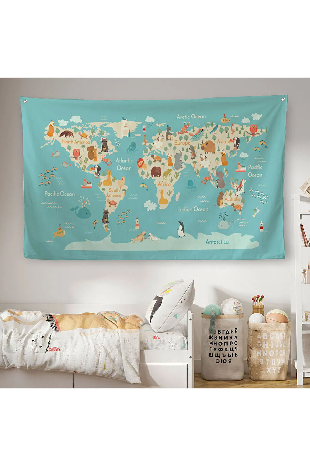 Hayvanlar Alemi Çocuk Odası Dünya Haritası Kanvas Duvar Örtüsü-Halısı 1013