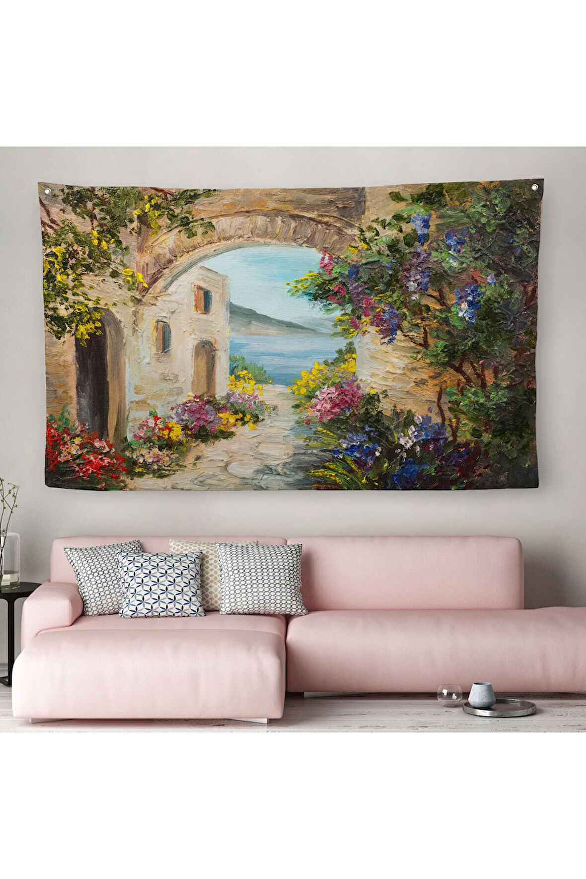 Deniz Yakınında Ev, Renkli Çiçekler, Deniz Manzaralı Kanvas Duvar Örtüsü-Halısı-1111