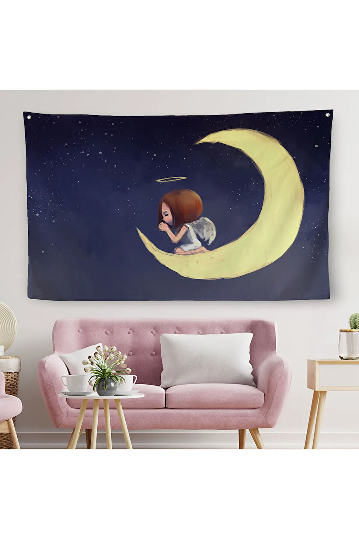 Ay'da Diz Çöküp Dua Eden Melek Kızın Duvar Örtüsü-Halısı-1210