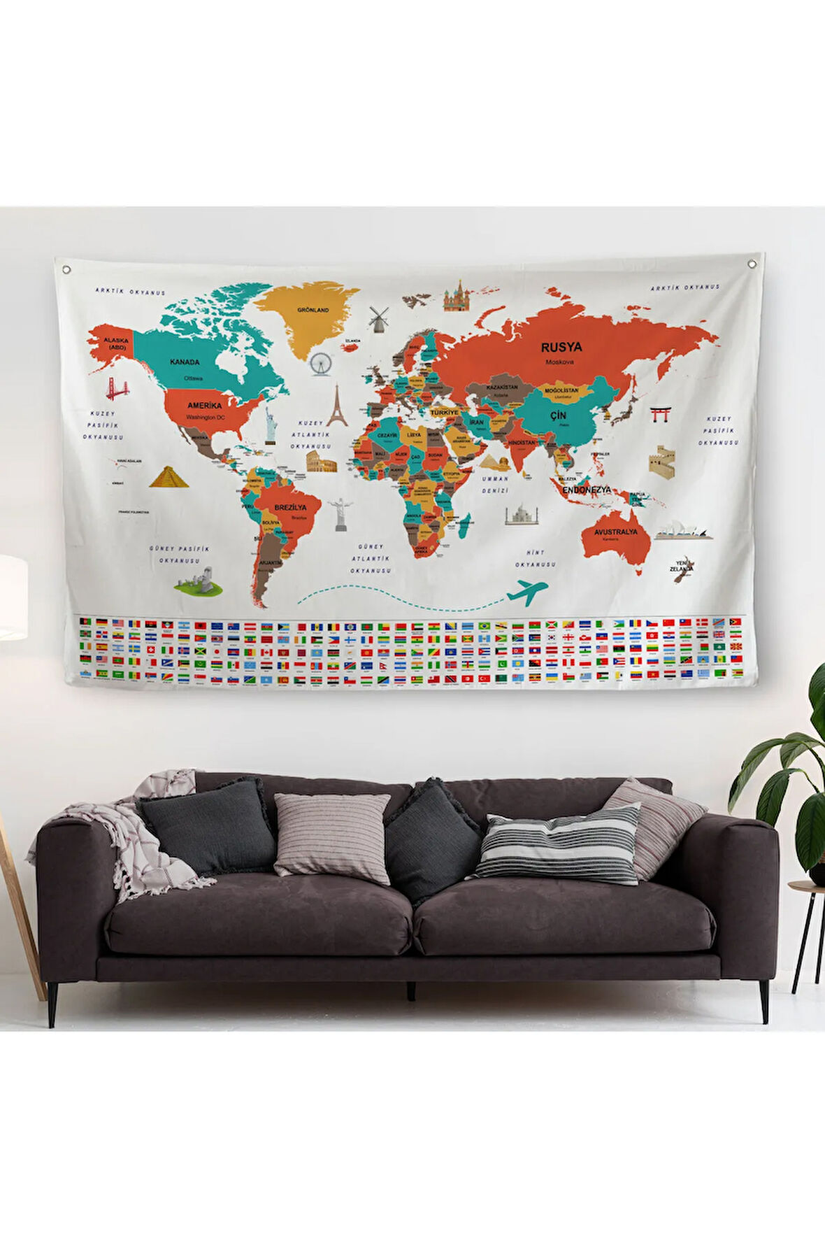 Türkçe Ülke Bayraklıeğitici Başkent Detaylı Atlası Dünya Haritası Duvar Örtüsü-halısı 3858