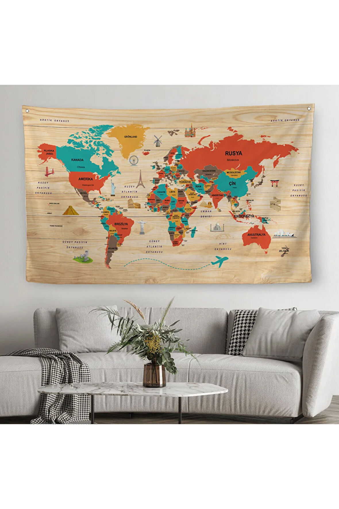 Ahşap Görünümlü Türkçe Eğitici Detaylı Atlası Dekoratif Dünya Haritası Duvar Örtüsü-halısı 3867