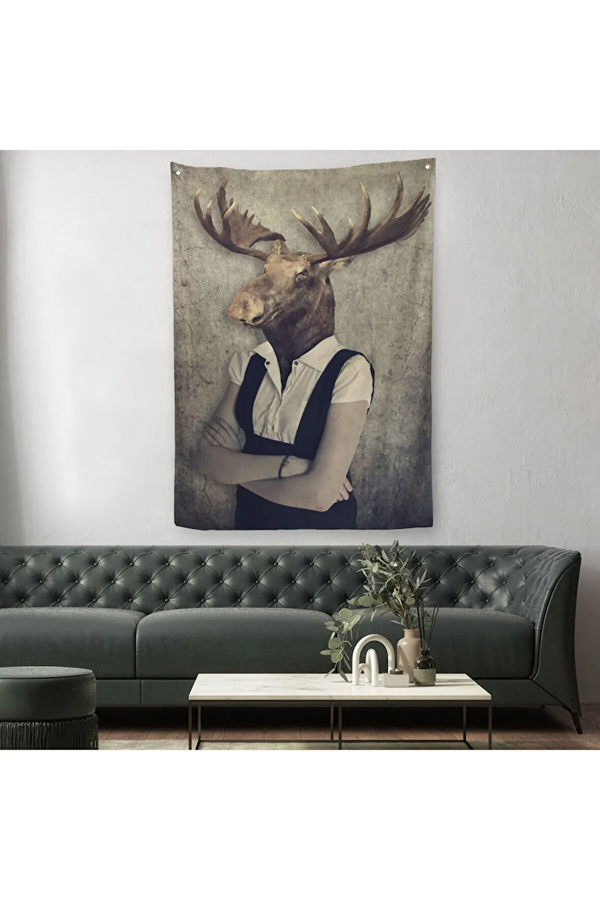 Geyik Kafalı İnsan Duvar Örtüsü - Halısı -4984