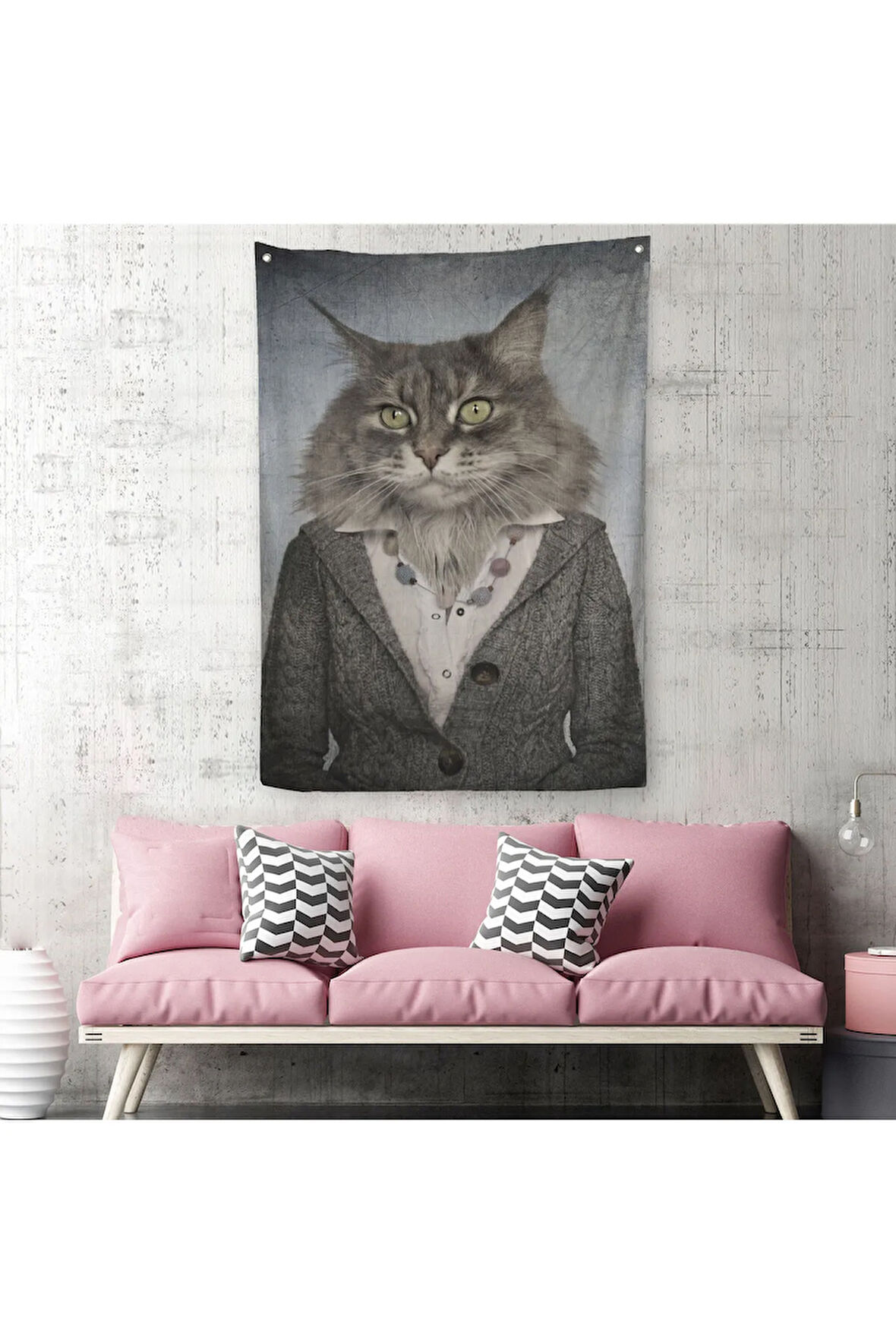 Kedi Kafalı İnsan Duvar Örtüsü - Halısı -4985