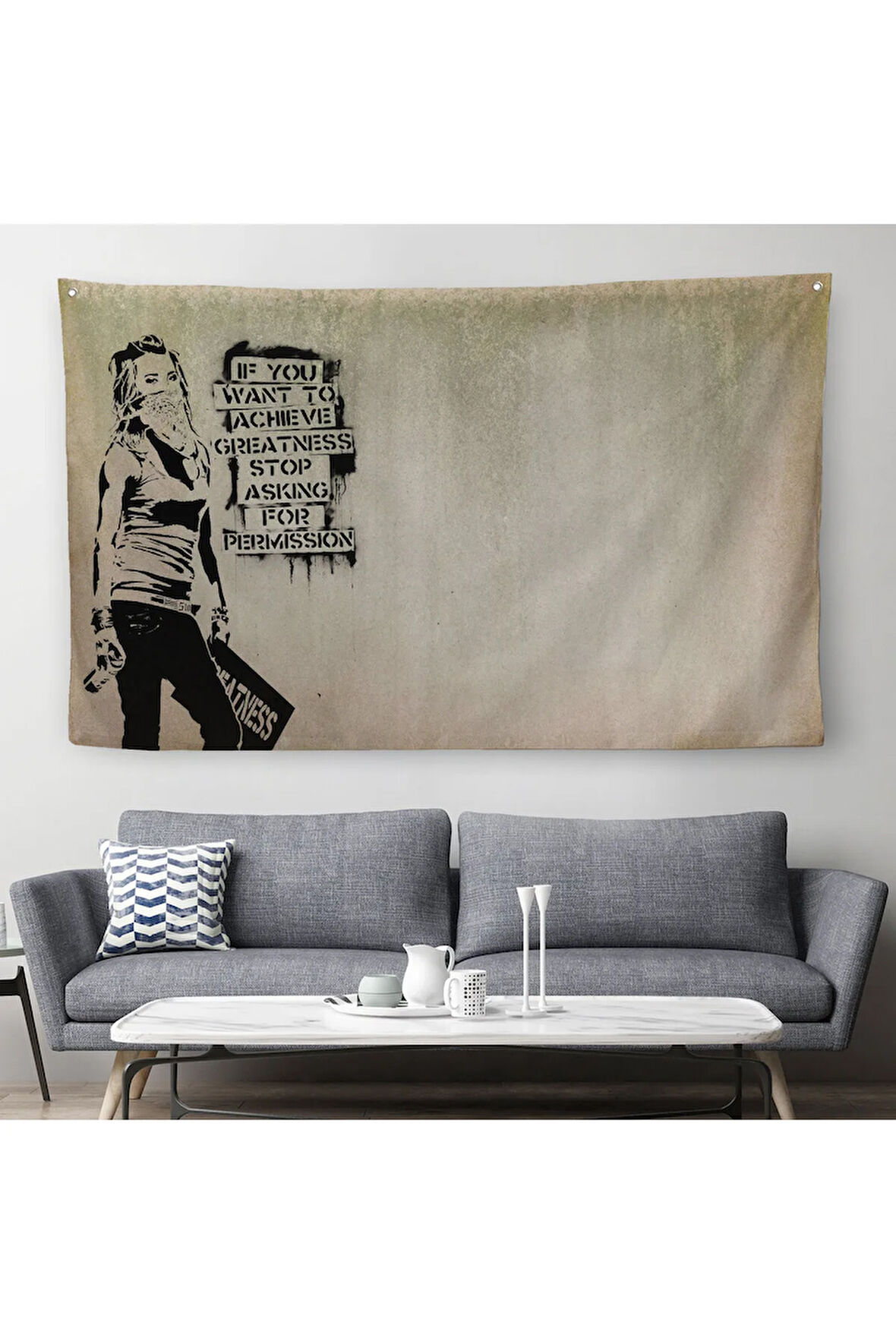 Banksy, Büyük İşler Yapmak İstiyorsanız İzin İstemeyi Bırakın Yazan Duvar Örtüsü-Halısı-5003