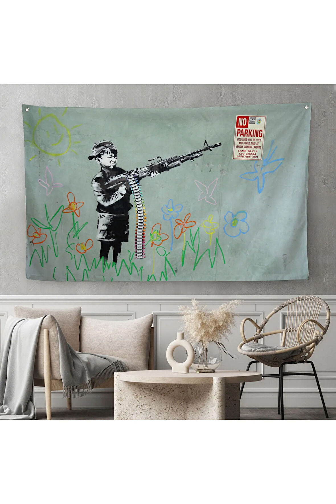 Bansky'nin Makineli Tüfekli Çocuk İsimli Eseri Kanvas Duvar Örtüsü-Halısı, No Parking-5008