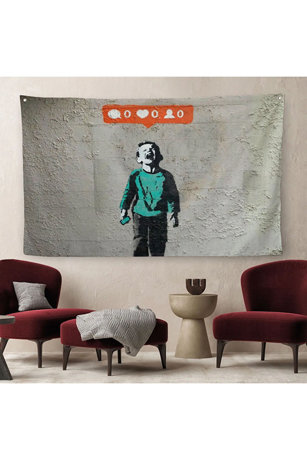 Bansky Takipçisi Olmadığı İçin Ağlayan Sosyal Medya Cocugu Kanvas Duvar Örtüsü-Halısı-5021