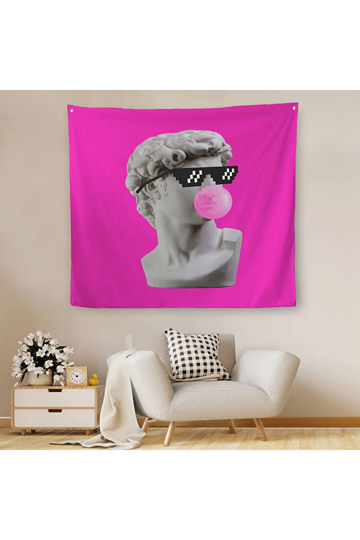 Piksel Gözlüklü David'in Kafasının Alçı Heykeli Kanvas Duvar Örtüsü-Halısı, Pop Art-5064