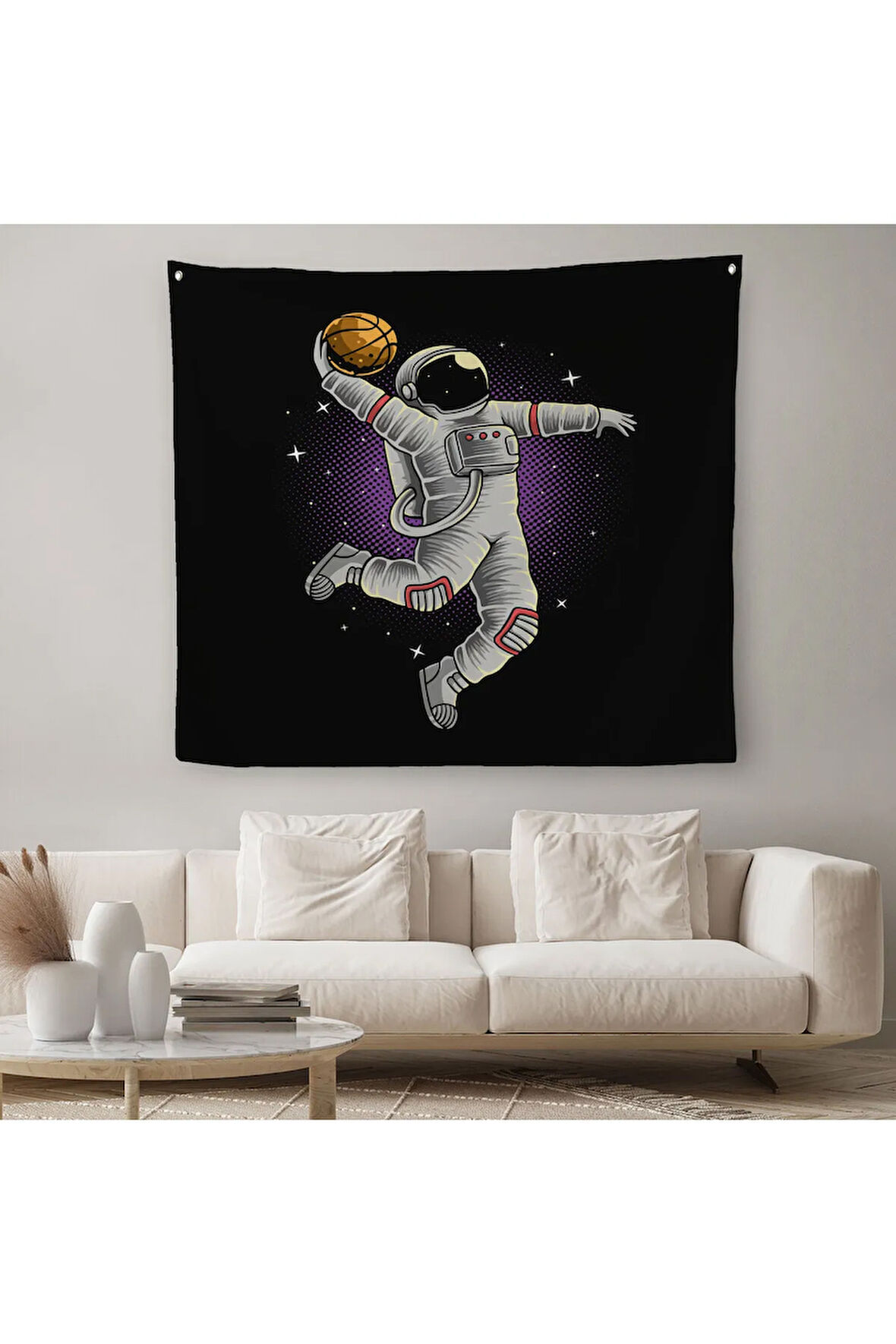 Ay'da Basketbol Oynayan Astronot Kanvas Duvar Örtüsü-Halısı-5068