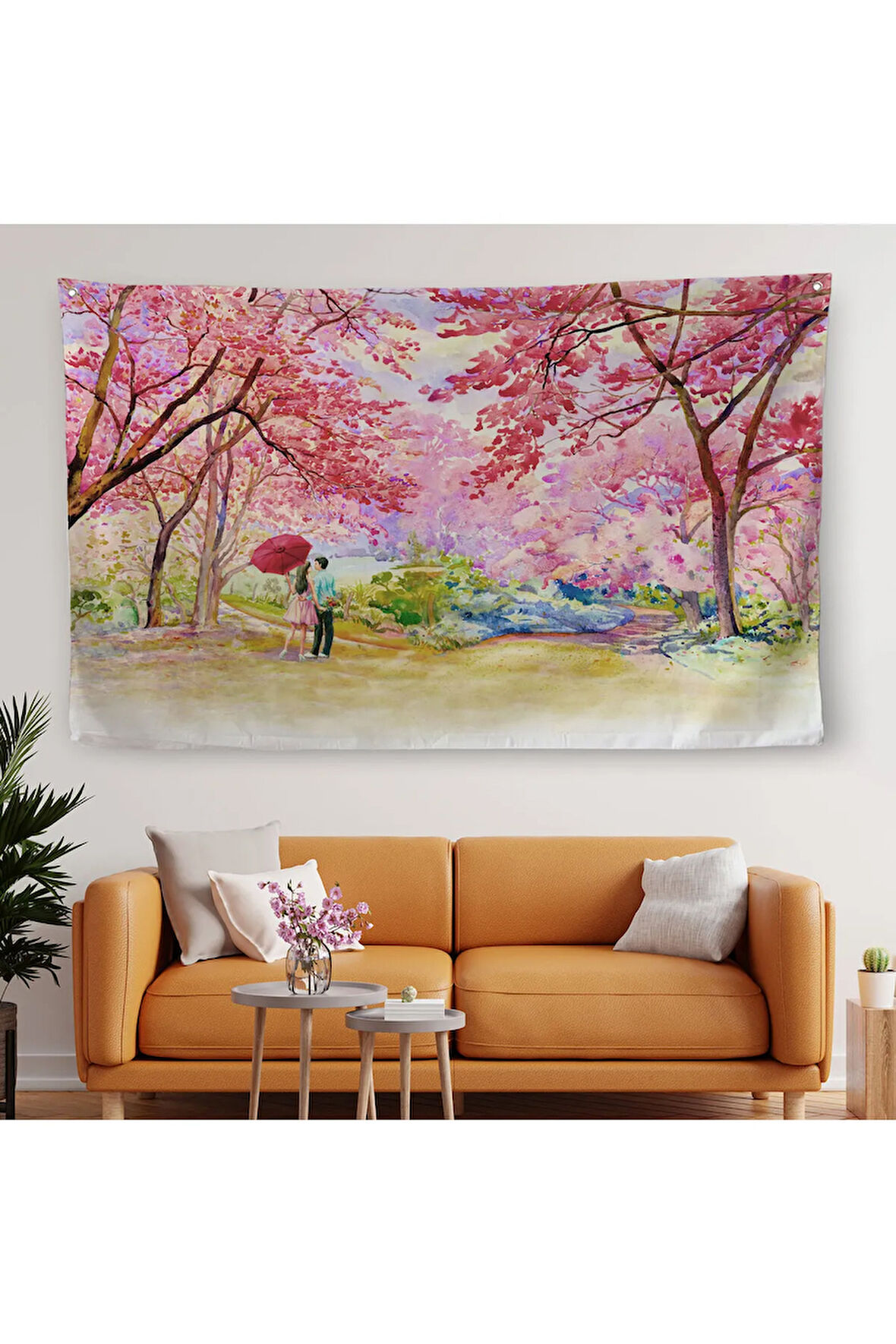 Sakura Ağacının Altındaki Sevgililer Kanvas Duvar Örtüsü-Halısı-5082