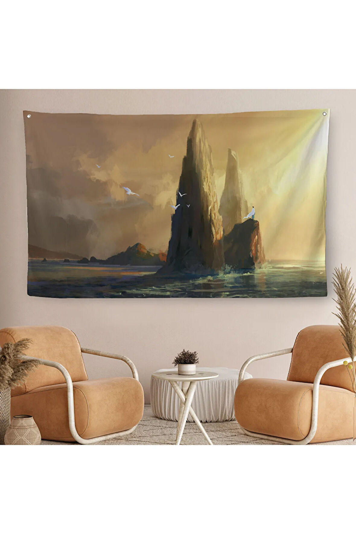 Kayaların Üzerinden Okyanusu İzleyen Beyaz Pelerinli Kadın Kanvas Duvar Örtüsü-Halısı-5091