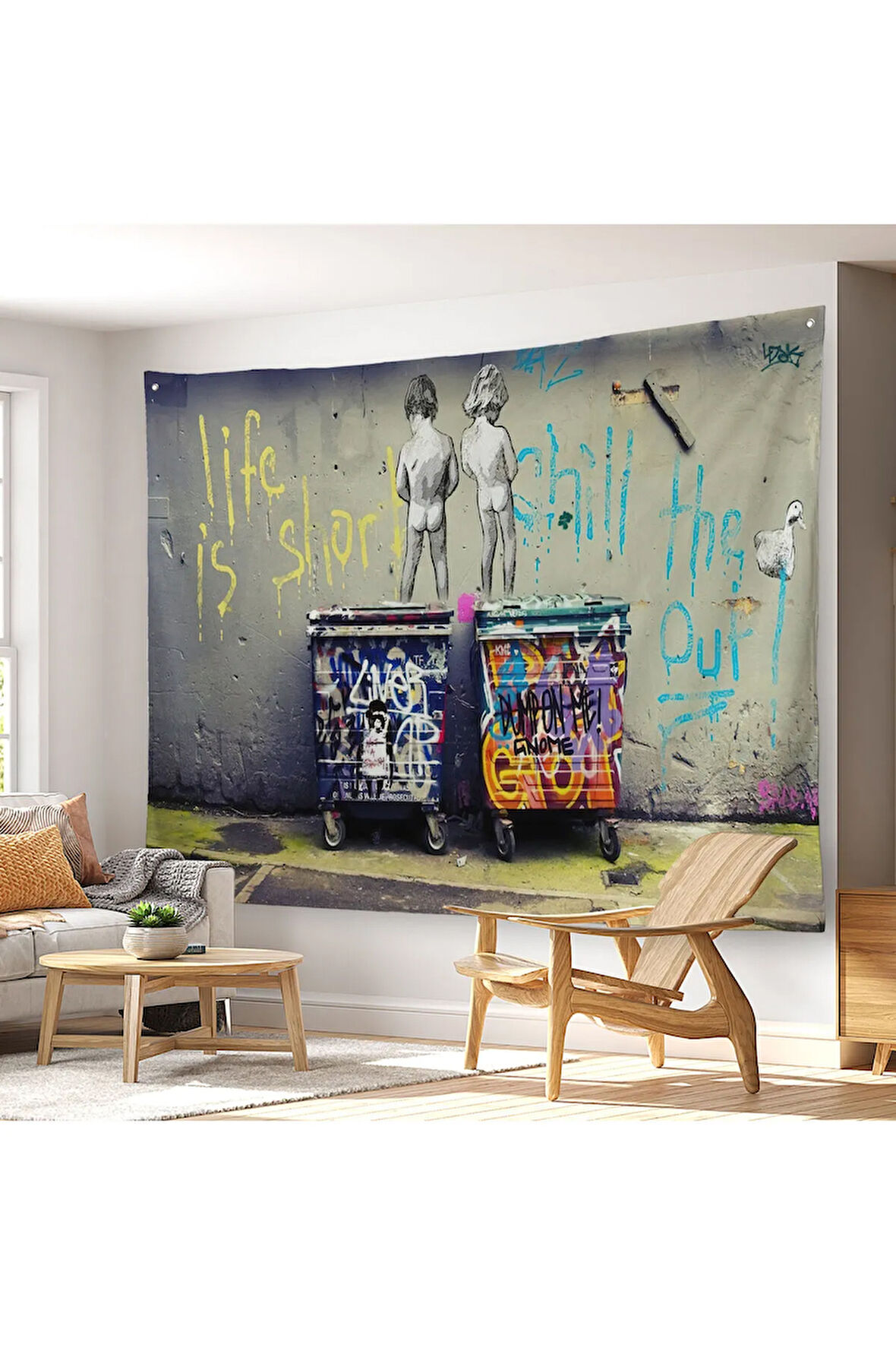 Bansky Çöp Kutusuna İşeyen Çocuklar Kanvas Duvar Örtüsü-Halısı / Hayat Kısa-5154