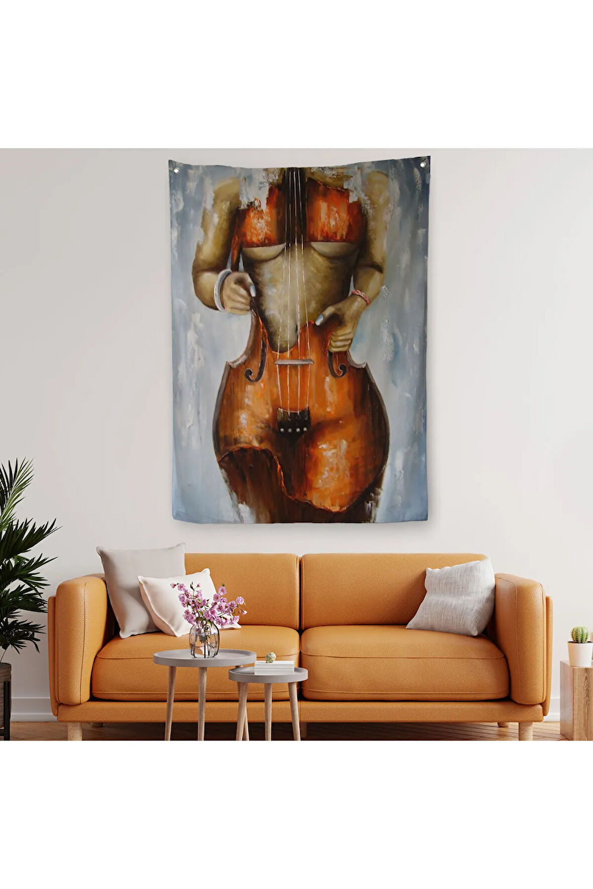 Violin Kadın Kanvas Duvar Örtüsü - Halısı, Kadın Keman Sanatı, Suluboya Duvar Örtüsü - Halısı-5229