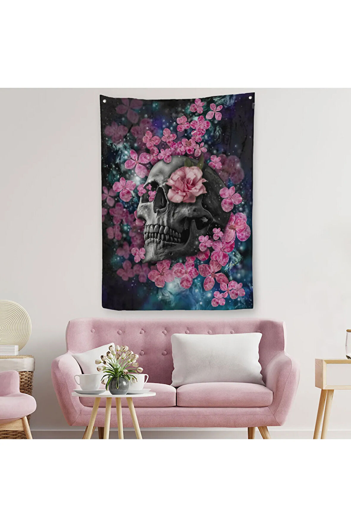 İskelet Kafa ve Pembe Çiçekler Kanvas Duvar Örtüsü - Halısı -5234