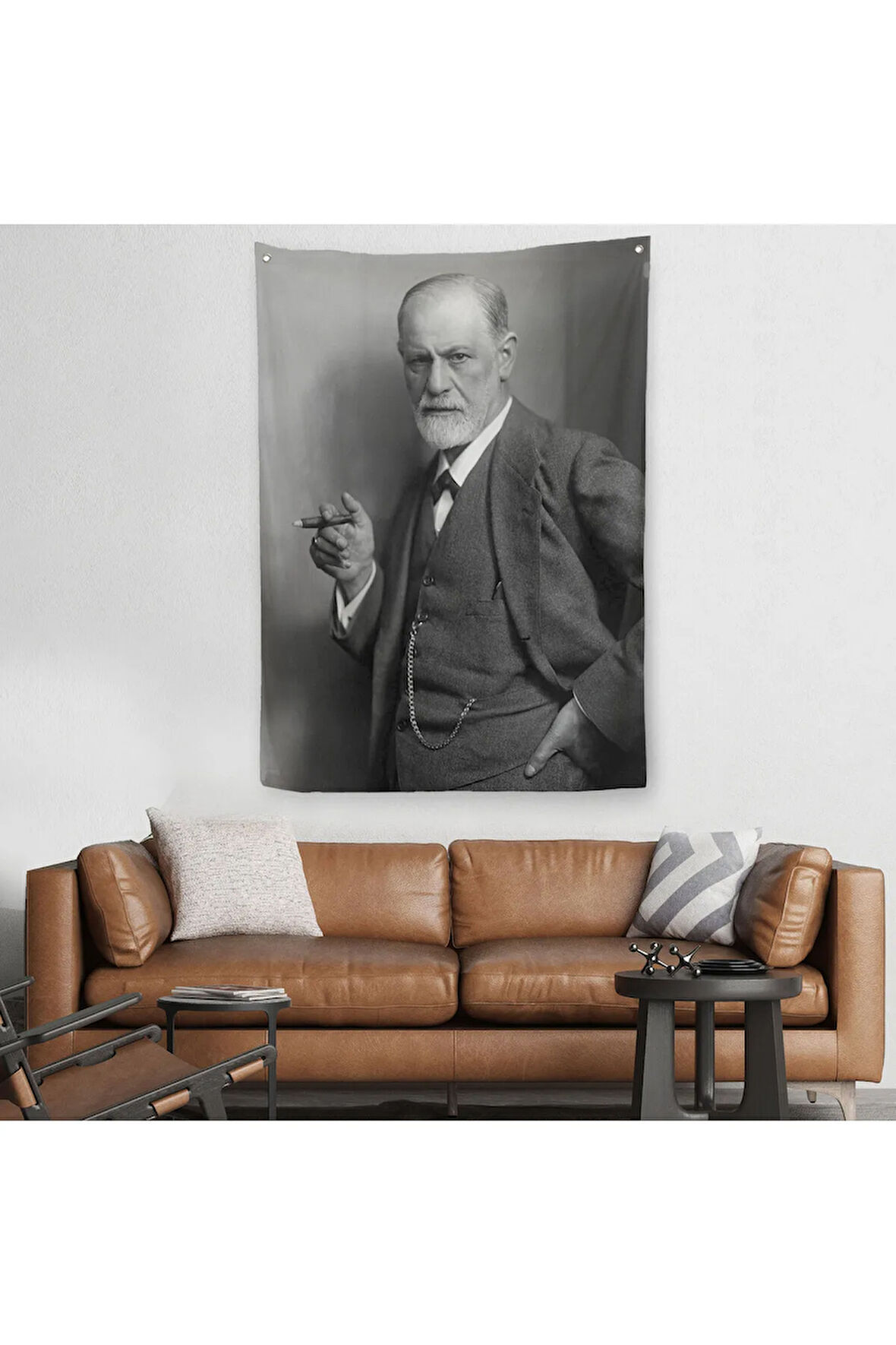 Sigmund Freud Elinde Puro ile Siyah Beyaz Fotoğrafı Duvar Örtüsü - Halısı-5238