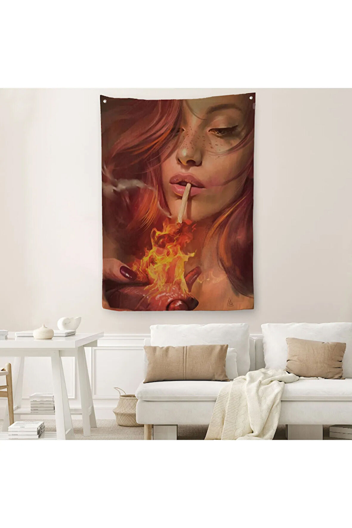Platonik Aşkın Tavrı Sigarasını Yanan Bir Kalpten Yakan KadınDuvar Örtüsü - Halısı-5247