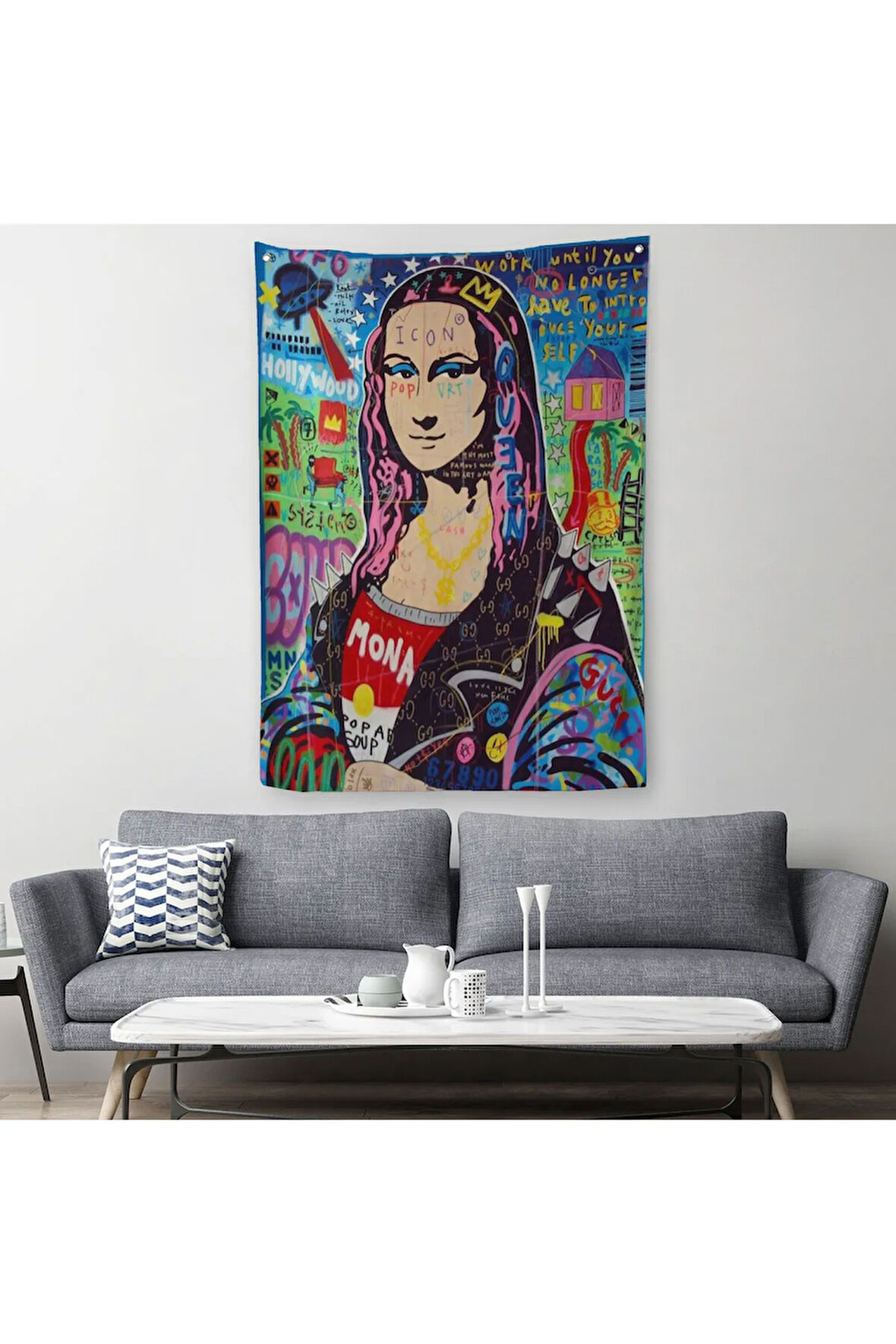 Banksy Renkli Mona Lisa Duvar Örtüsü - Halısı, Pop Art, Sokak Sanatı, Duvar Örtüsü - Halısı-5305