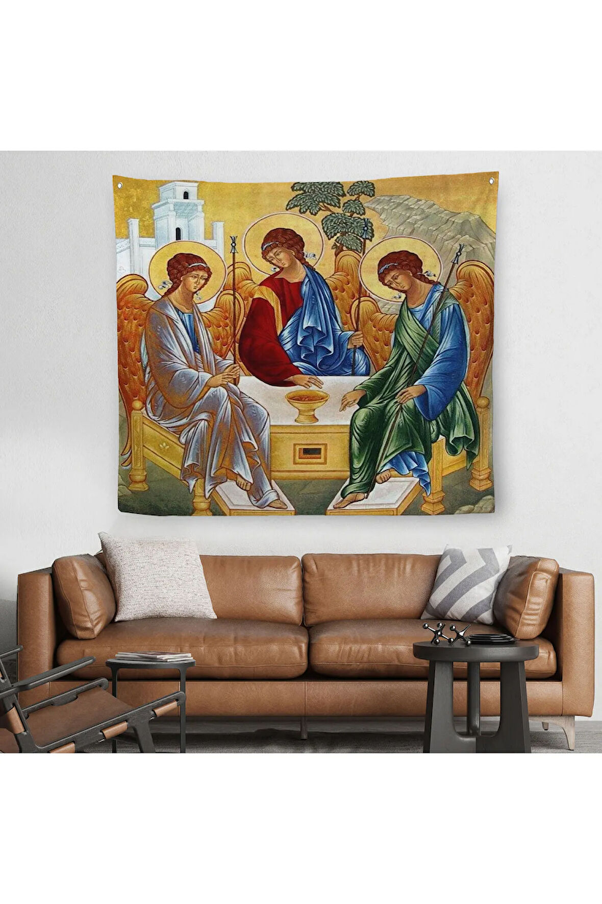 Andrei Rublev Tarafından Kutsal Üçleme Kanvas Duvar Örtüsü-Halısı, Hristiyan Kilise Hediyesi-5327