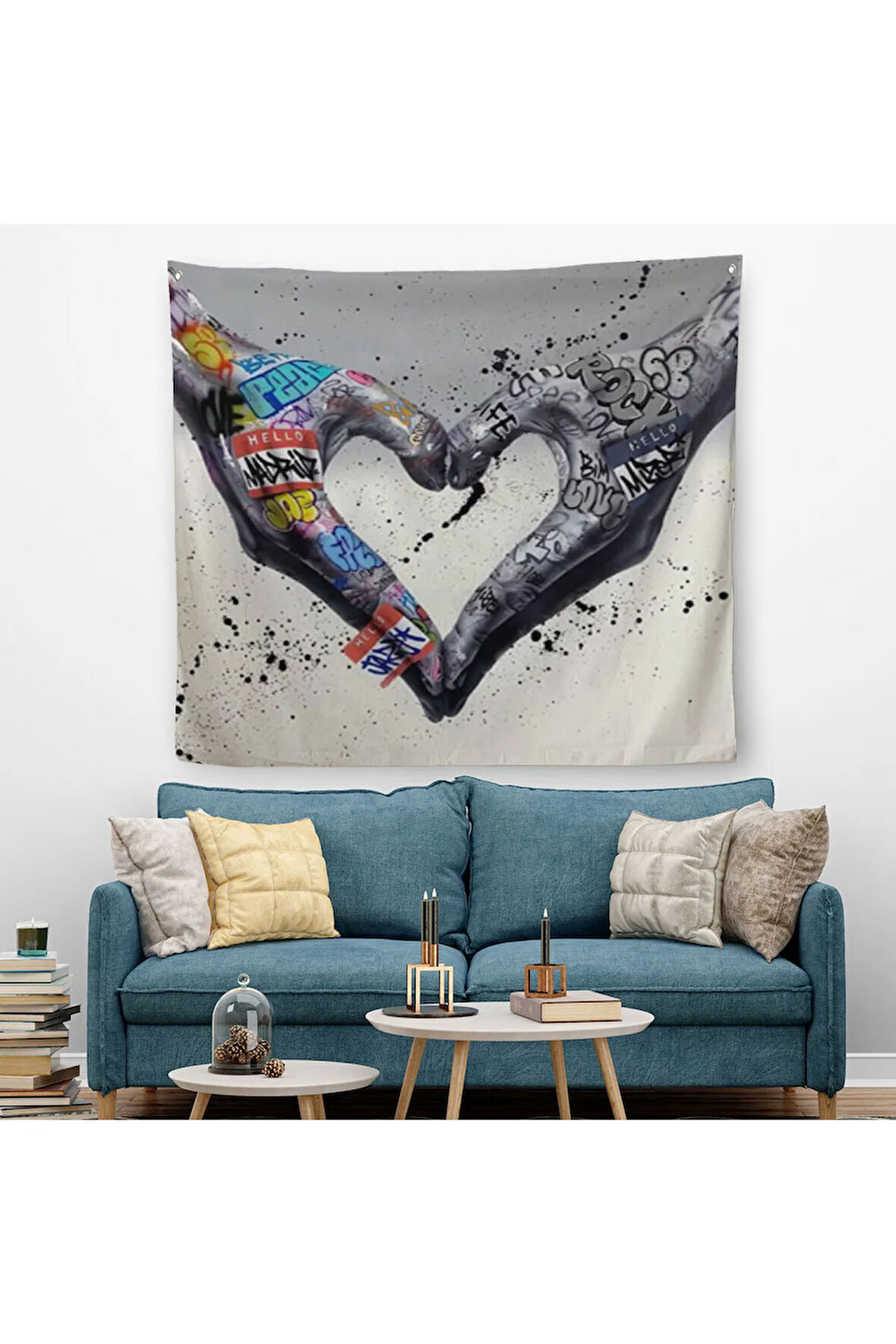 Graffiti Kalp Burcu Eller, Banksy Posteri, Kanvas Duvar Örtüsü-Halısı, Pop Art-5343