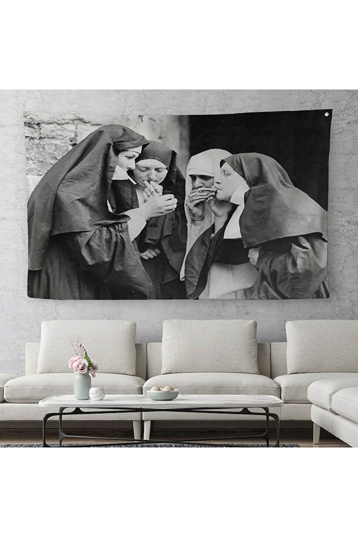 Sigara İçen Rahibeler Vintage Fotoğraf Duvar Örtüsü Halısı Siyah ve Beyaz Duvar Örtüsü Halısı 5376