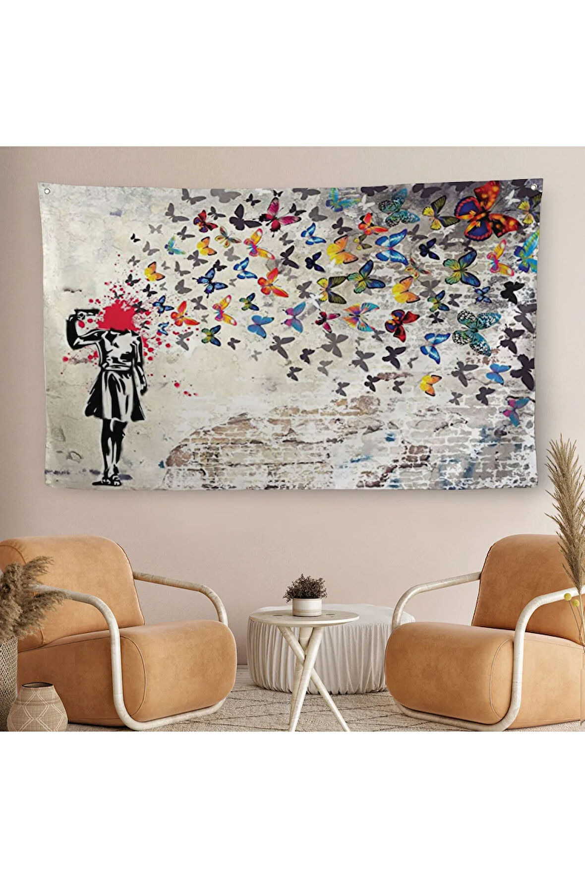 Banksy Kelebek Kanvas Duvar Örtüsü-Halısı, Kelebek Kız İntihar Duvar Örtüsü-Halısı-5389