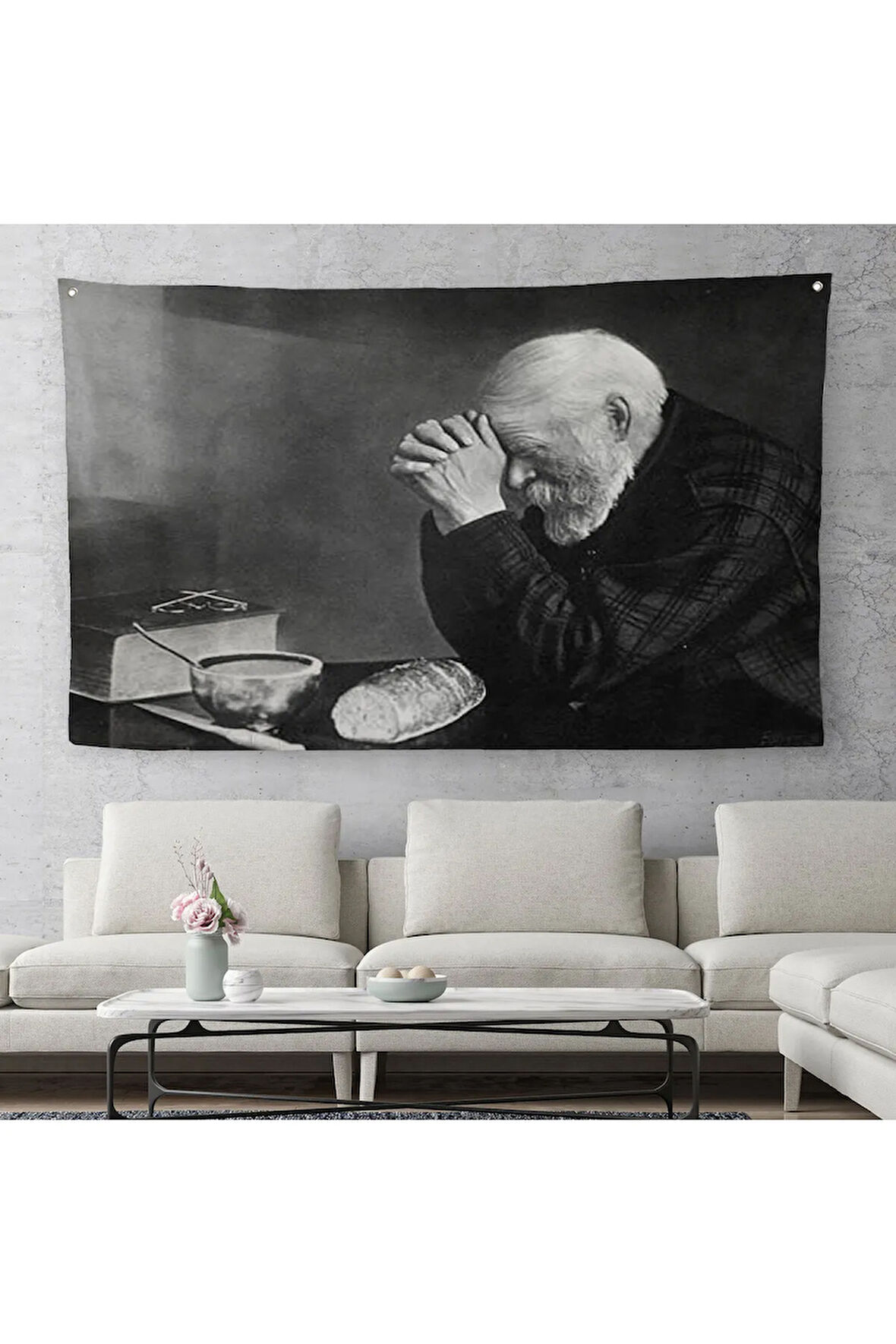 Eric Enstrom Grace Adam Ekmek Üzerinde Dua Ediyor Kanvas Duvar Örtüsü-Halısı, Siyah Beyaz Baskı-5394