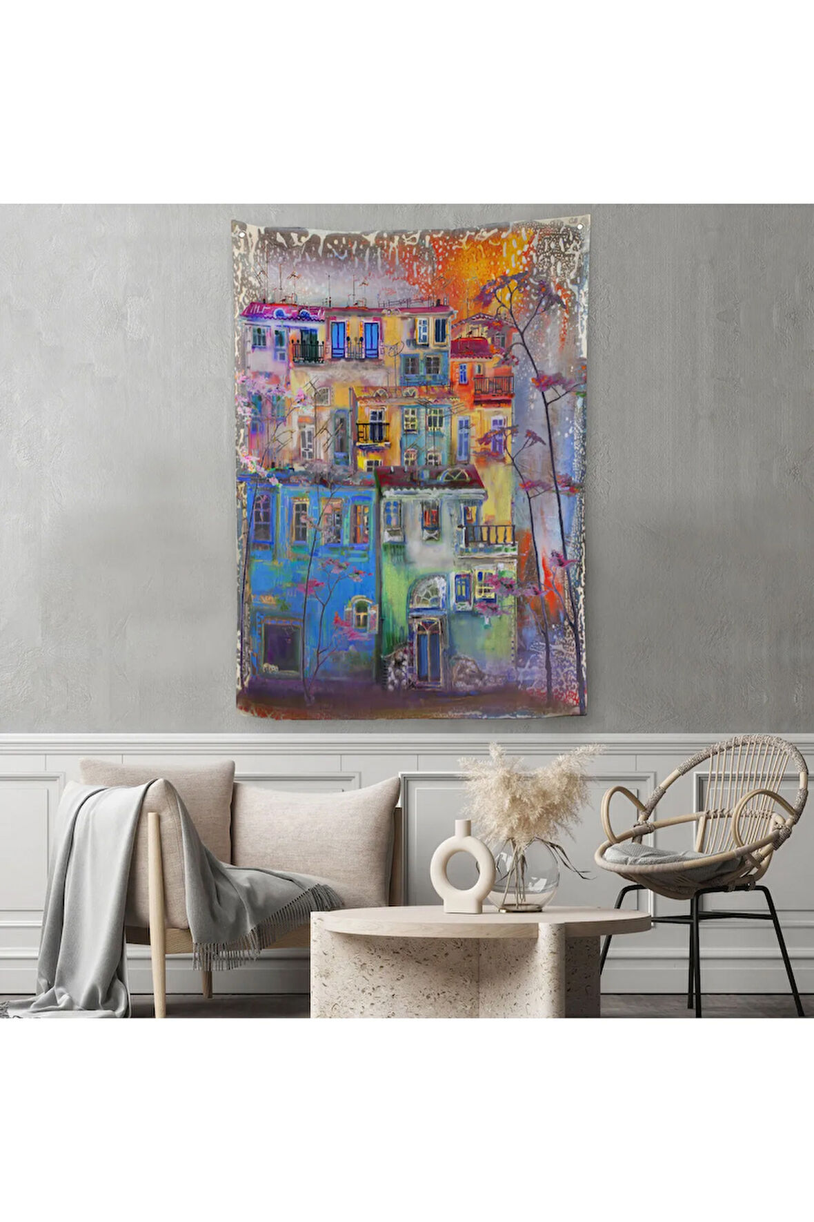 Hollanda Evleri Suluboya Görünümlü Duvar Örtüsü - Halısı-5926