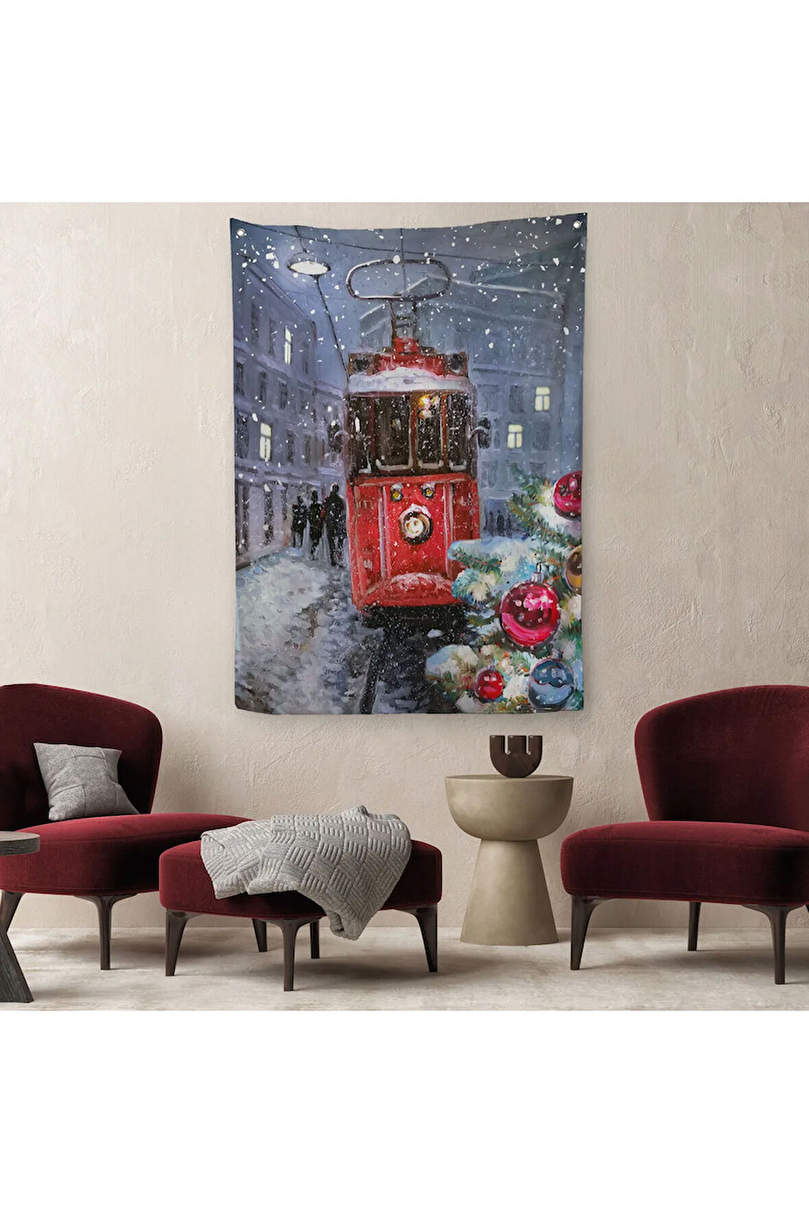 Karlar Arasındaki Kırmızı Tramvay Duvar Örtüsü - Halısı-6003