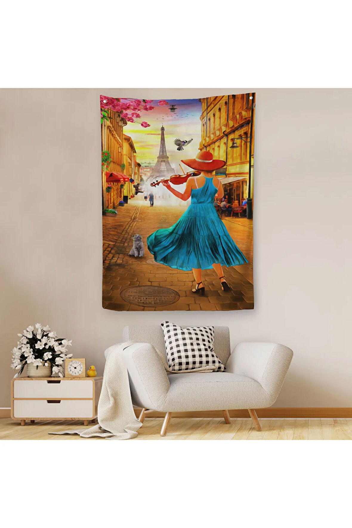 Paris de Etfel Kulesine Karşı Keman Çalan Kız Duvar Örtüsü - Halısı-6006