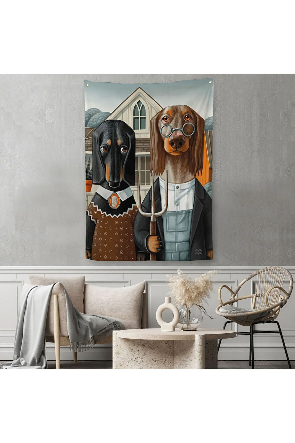 Amerikan Gotik Klasiği Köpekler Duvar Örtüsü - Halısı-6012